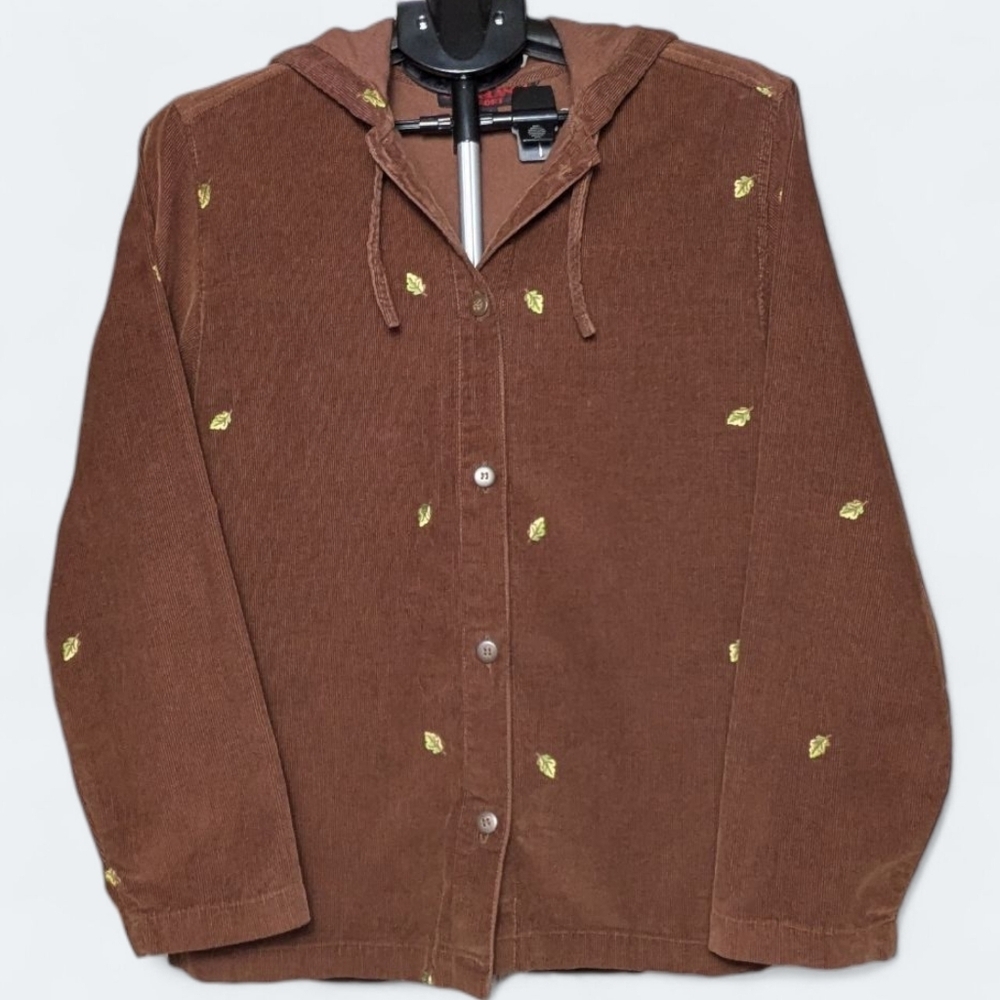 Vintage Corduroy Button Up Hoodie Casablanca Sport Brown 90s Leaf Embroidery - Picture 2 of 13